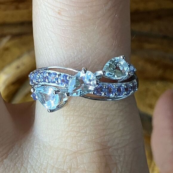 Teardrop Aquamarine & Tanzanite Ring in Sterling Silver  Natural Aquamarine Tanzanite Sterling Silver Ring Size 9